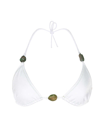 white bikini in lycra with green agate stones and green contrast stitching